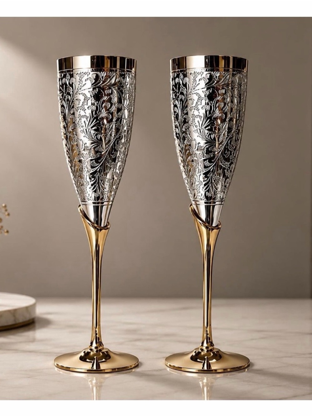 Vintage brass Elegant Silver & Gold Etched Champagne Flutes - Set of 2